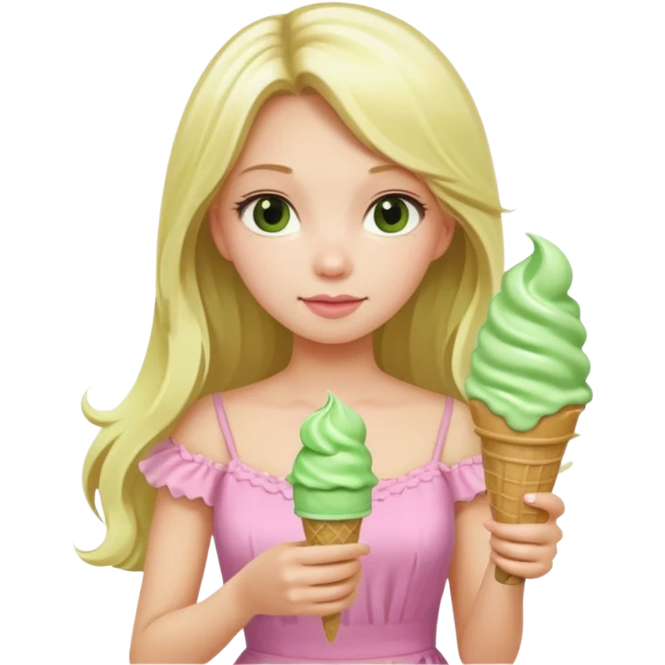 girl blonde long hair in pink dress,  holding matcha ice cream emoji