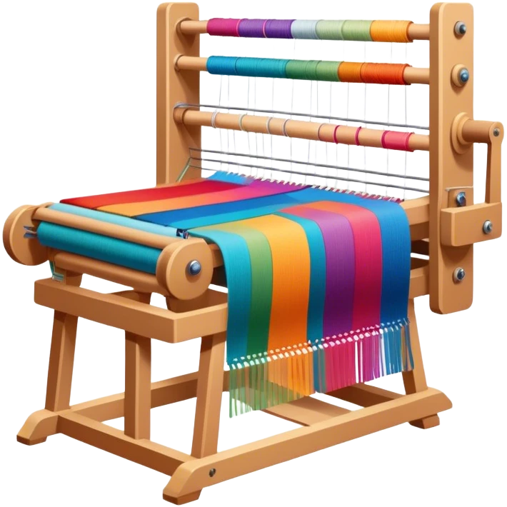 Weaving icon, loom with colorful fabric being woven, visible shuttle, spools of yarn, fabric swatches, sewing patterns, and finished clothing items, minimalistic style, clean lines, transparent background. emoji