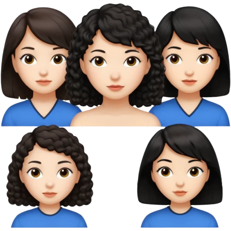 brunette short curly hair white girl, black long hair asian girl side part, black medium length hair with sideswept pangs emoji