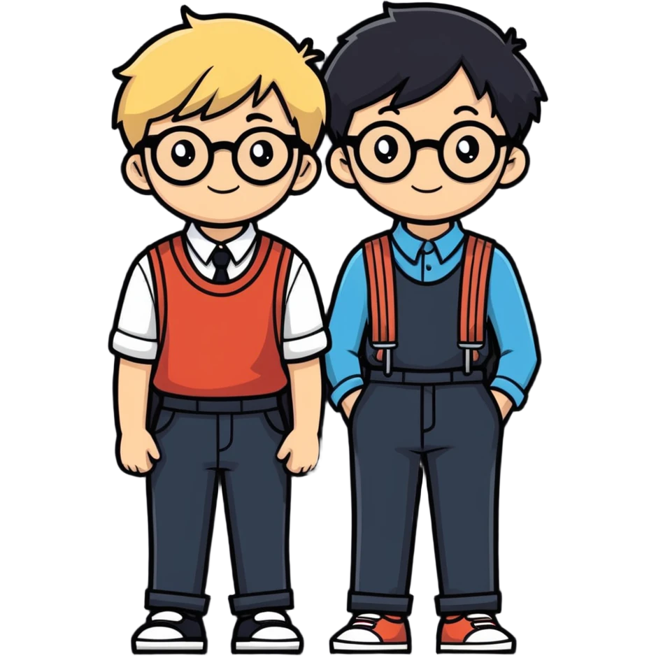 me a boy with braces and with blonde hair and black round glasses and my boyfriend with black hair hes higher than me emoji