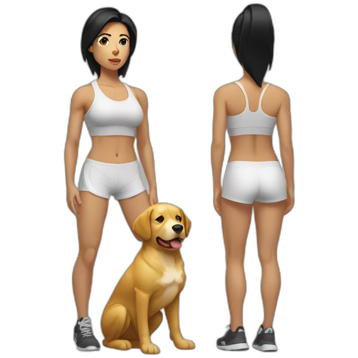crossfit woman with black hair, white and doing lowering And a golden dog at her side emoji