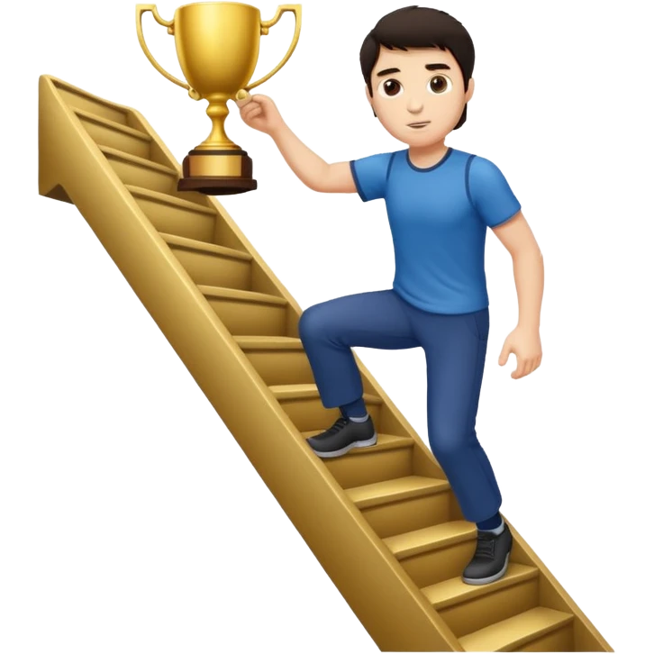 A man with fair skin and dark hair is climbing stairs to grab a trophy emoji