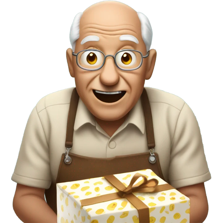 Grandad opening gift with 💩 emoji