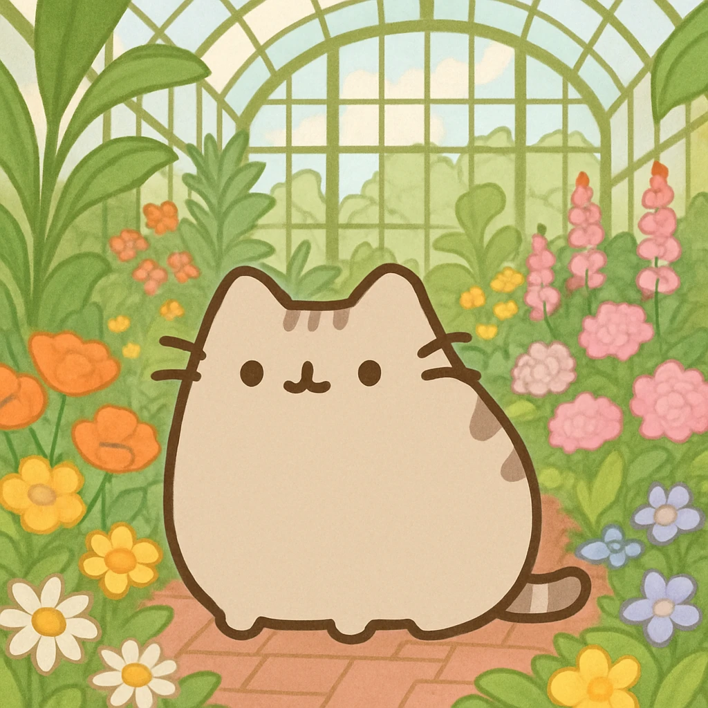 beige pusheen-style kitten in a botanical garden greenhouse filled with flowers emoji
