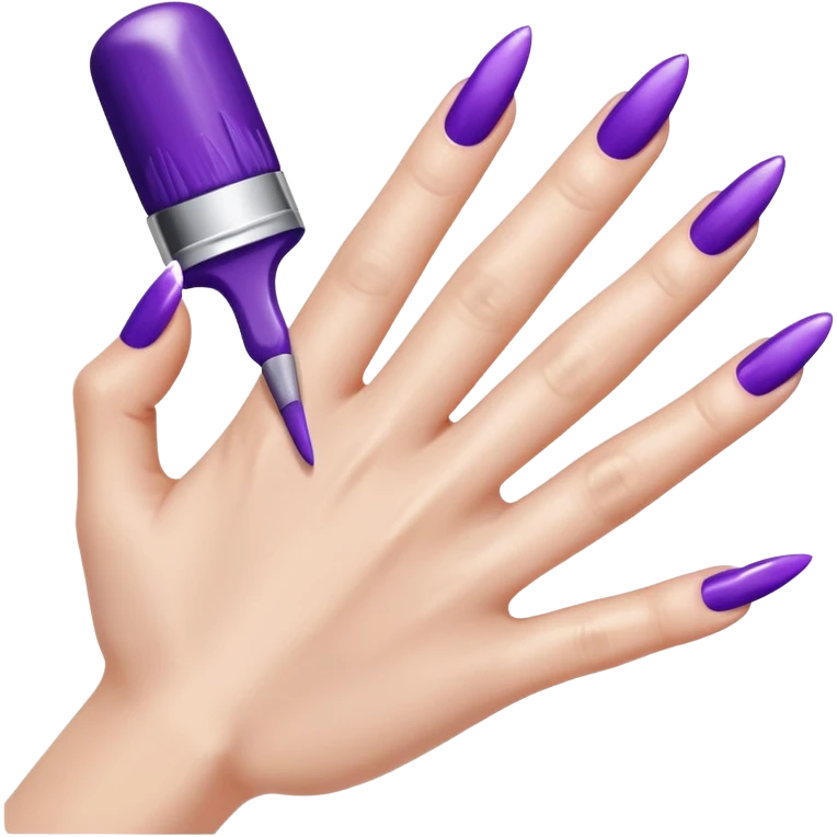 A close-up illustration of a hand with long, glossy purple-painted nails. A nail polish brush is shown applying purple polish to one of the nails, with smooth, clean strokes. The style is bright, polished, and emoji-like, emphasizing nail care, beauty, and manicure aesthetics. emoji