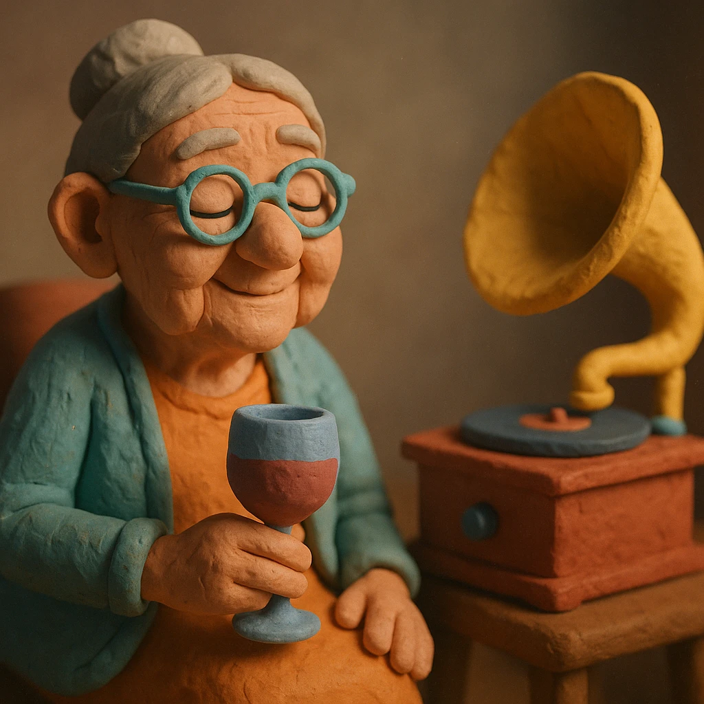 old lady with wineglass listening to gramophone emoji