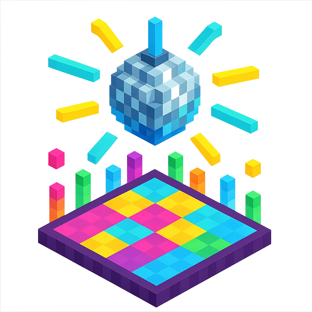 dance floor with animated light effects, a spinning disco ball, and a vibrant party atmosphere emoji