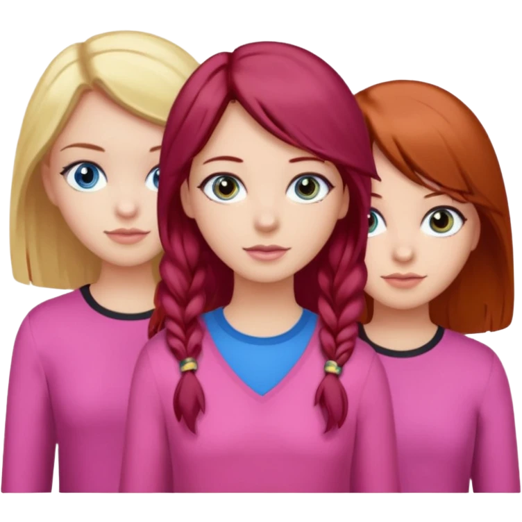 Three girls, one dark red hair with hazel eyes, one blonde with blue eyed and one with black hair and brown eyes, all wear pink emoji