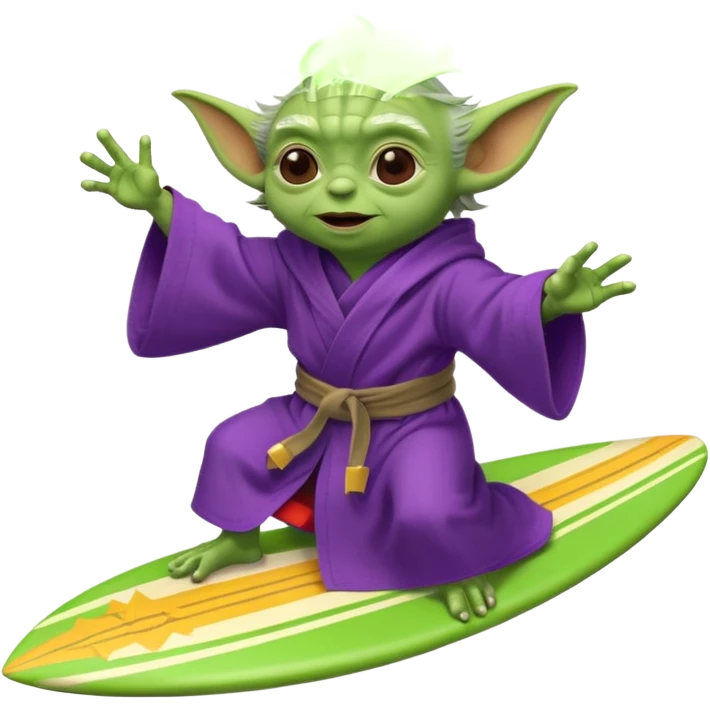 yoda in a purple robe flying in a rocket like surfing emoji