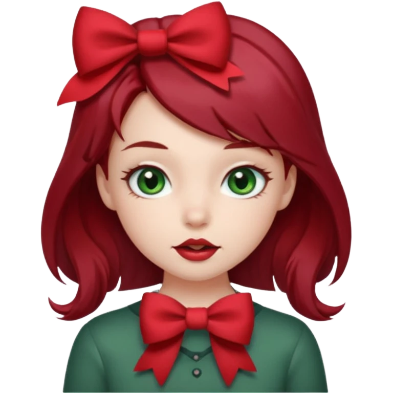 A cute girl biting her lip with a bow in her hair. Dark red hair and gray green eyes emoji
