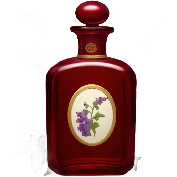 Dark red vintage French style perfume bottle with red delphiniums emoji