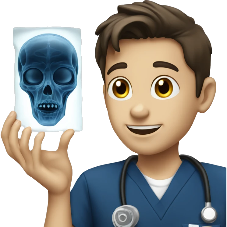 Brunette boy in navy scrubs looking at an alien X-ray  emoji