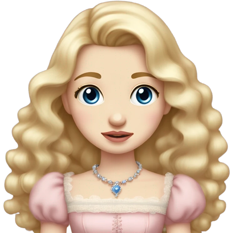 Girl is crying. with blonde hair pale skin blue eyes. Pink lips blush (but not too much). Vintage blowout with long hair not too curly.  light pink princess dress, puffed sleeves, dainty choker necklace (think Versailles but not too much).  emoji