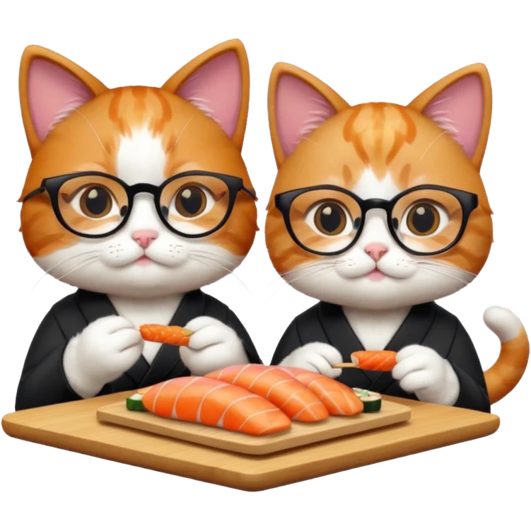 cute girl cat wearing glasses and a cute boy cat eating sushi together emoji