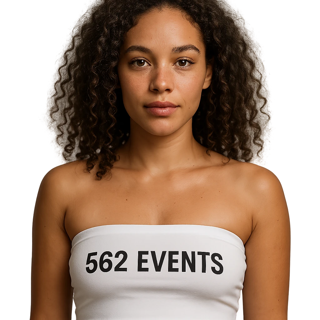 realistic woman with features of both Caucasian and African American heritage, wearing a white tube top labeled '562 Events' emoji