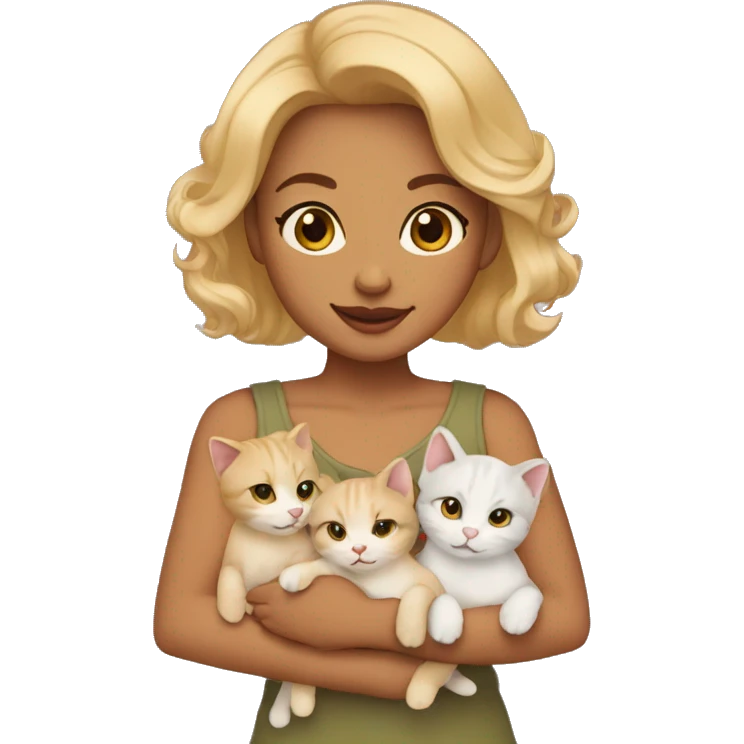 Blonde woman with shoulder-length hair, brown eyes and light olive skin tone holding five kittens emoji