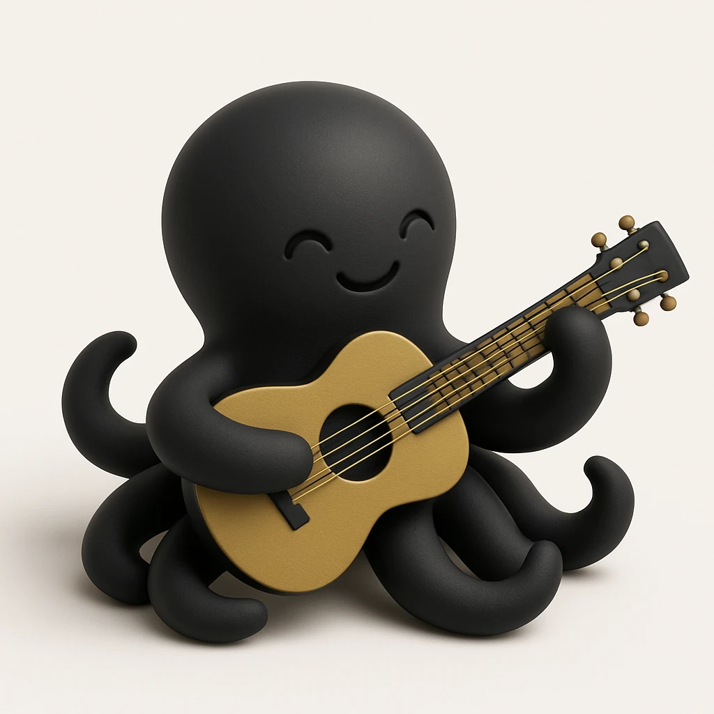 happy octopus with multiple arms playing guitar emoji