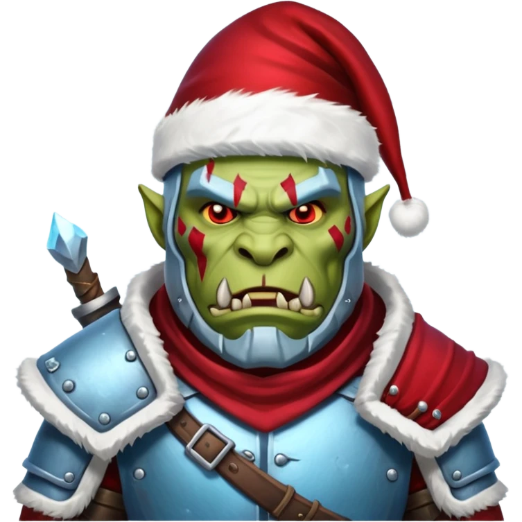 
Fantasy Christmas orc legion soldier icon, iron tundra army theme, heavy winter armor, disciplined brutal look, icy blue steel armor with deep crimson accents, frozen metal texture, cold winter atmosphere, male variant emoji