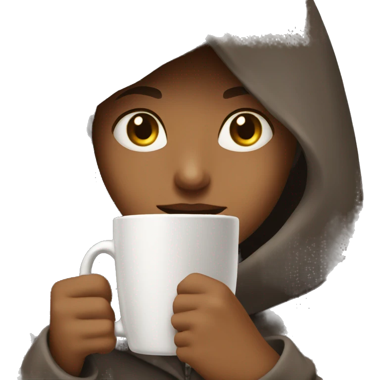 “The girl with the hood is drinking coffee.” emoji