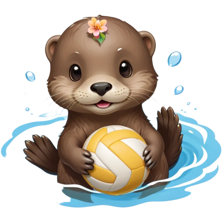 super cute baby otter with a tiny colorful flower on its head, floating on VERY CLEARLY VISIBLE blue water with prominent waves and ripples all around, baby otter with gentle expression holding a volleyball with both small paws above the obvious water emoji