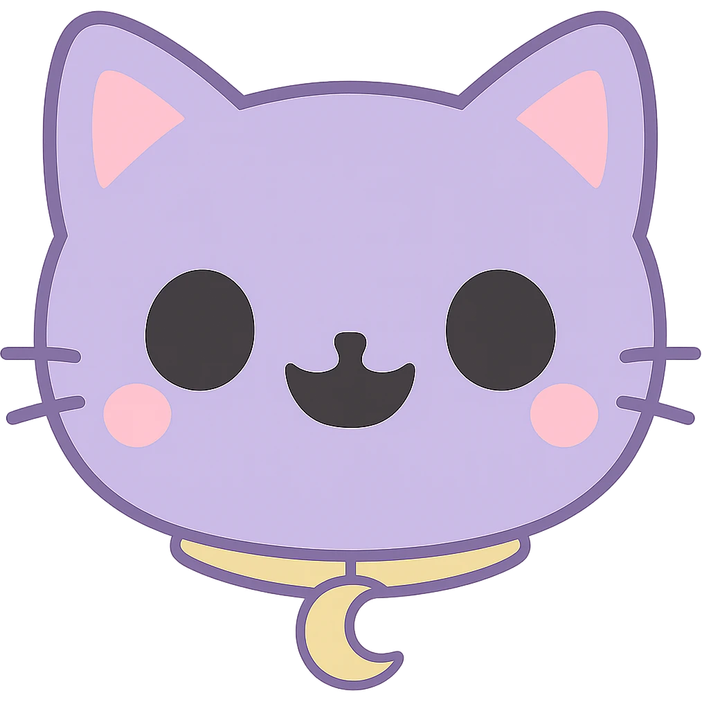 Create an image of just the head of a purple cat with fully black eyes, a wide open black smile with no teeth, and a visible gold moon pendant. The background should be removed, leaving only the cat's head and pendant visible. emoji