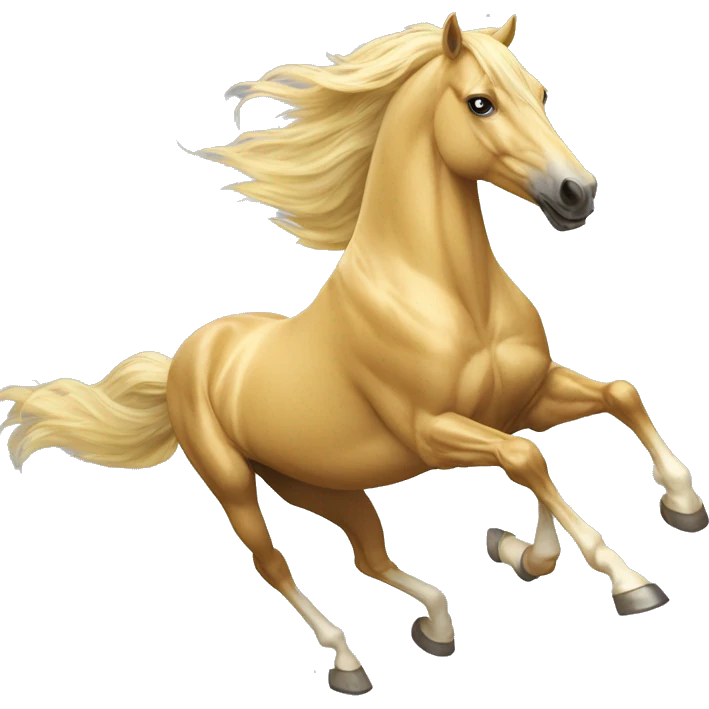 Yellow palomino horse with long flowing mane galloping with prosthetic leg, slender horse, solid yellow horse, running, yellow horse galloping with prosthetic leg, pretty horse emoji
