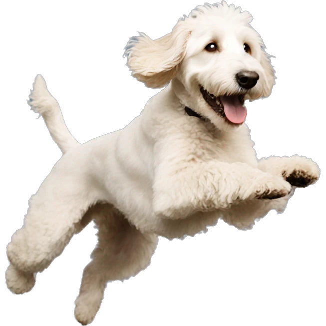 white goldendoodle jumping emoji