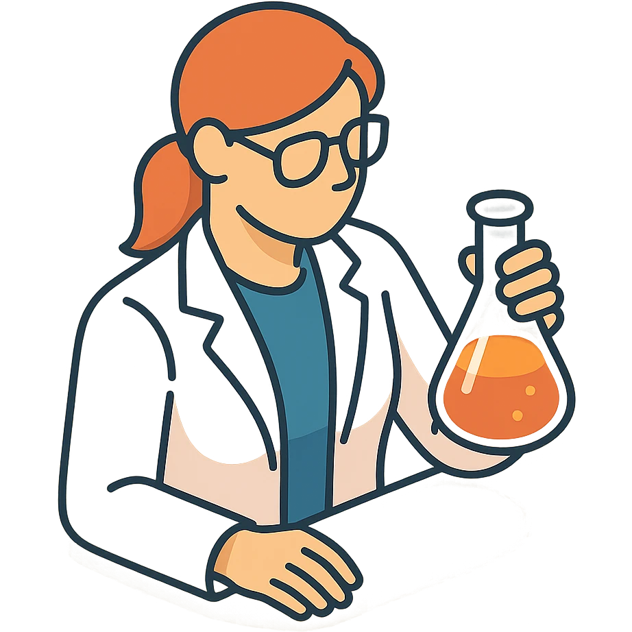 A female chemist, wearing glasses, white lab coat over indigo shirt, focusing on lab experiment, holding a flask in her right hand, waist-up emoji
