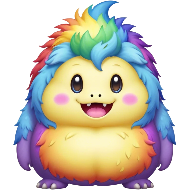 Kawaii derpy fat rainbow monster surrounded by magic, rich textures, visually rich, so lifelike that it feels like it could leap off the page at any moment emoji