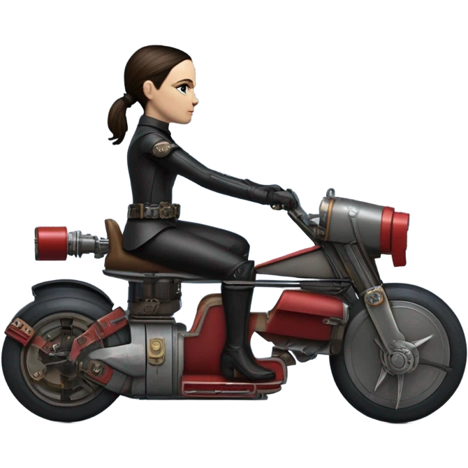 Jedi bounty hunter Wednesday Addams racing in a modern blue,red and pewter steampunk electric luxury flying speeder bike  emoji