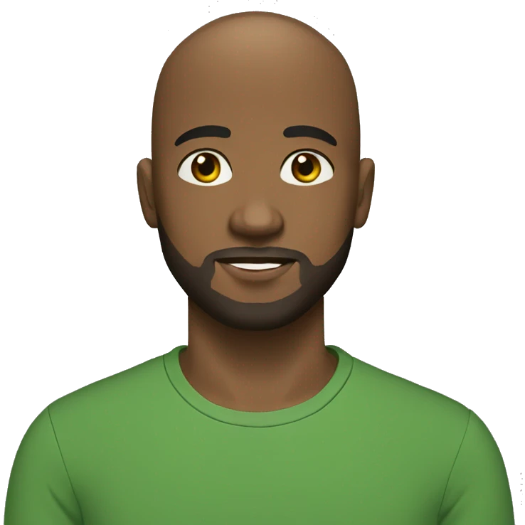 young man, dark brown skin, beard, bald, black eyes, green shirt emoji