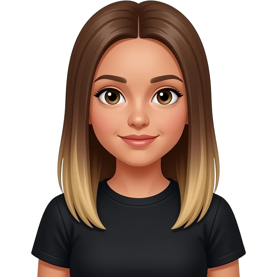 JN - teenage girl, medium suntan, straight very long medium brown hair blonde at the tips, black crew neck t-shirt emoji