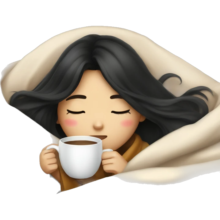 Asian girl inside a blanket sipping coffee eyes closed black hair emoji