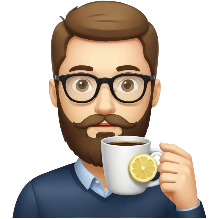 A man with a beard and glasses drinks coffee with lemon emoji