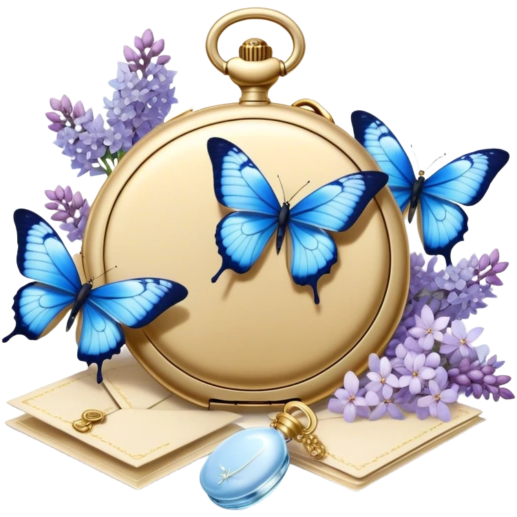A golden locket, resting beside an ivory envelope sealed with a pearl wax stamp, is surrounded by delicate blue butterflies and cascading white lilacs. A vintage perfume bottle with intricate floral engravings sits nearby, its fragrance lingering in the air. emoji