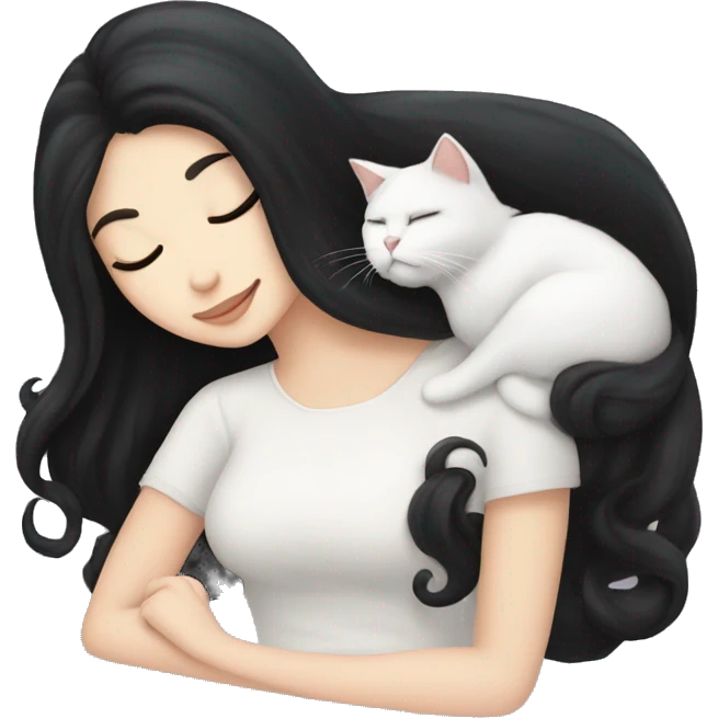 A pretty white girl with very long black hair and sleeping curled up to a white cat  emoji
