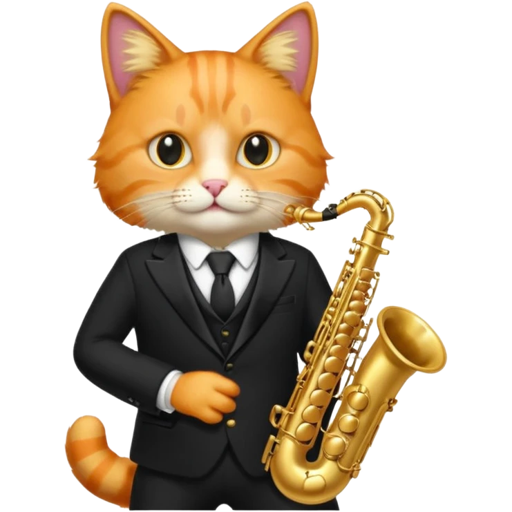 orange cat play gold saxophone, wear black suit emoji