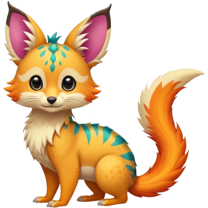 Feral Rare Fantasy vibrant colorful tropical cute, kawaii, cool, ed Vernid-Trico-species by LiLaiRa, random markings, tufted tail, tufted ears, full body, cheek markings emoji