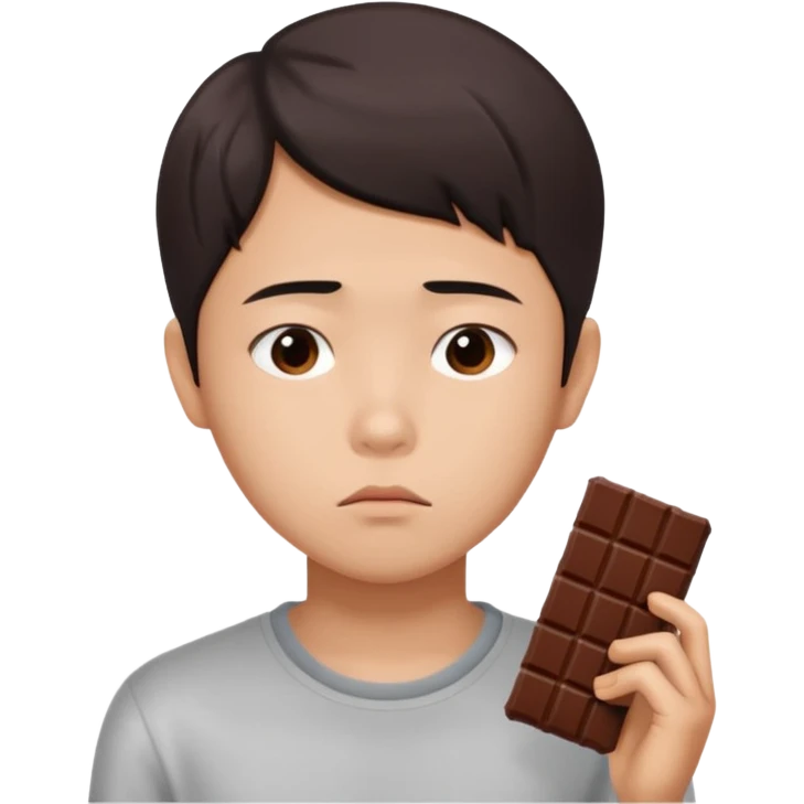 A young Asian dieter with a gloomy expression, thinking of chocolate emoji
