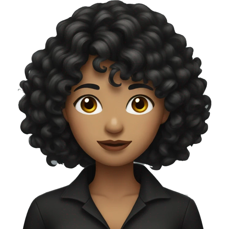 woman with long black curly hair and bangs and dark brown eyes wearing black blouse emoji