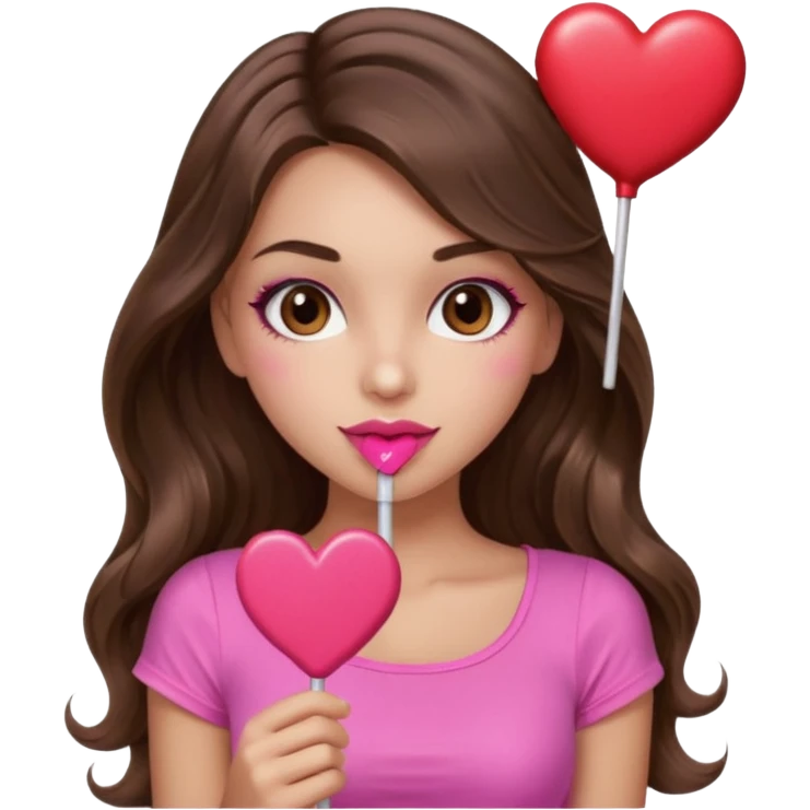 girl with long wavy brown hair, brown eyes, long lashes makeup, sexy pink lips, light to medium complexion, wearing a pink sexy top,, heart lillipop emoji
