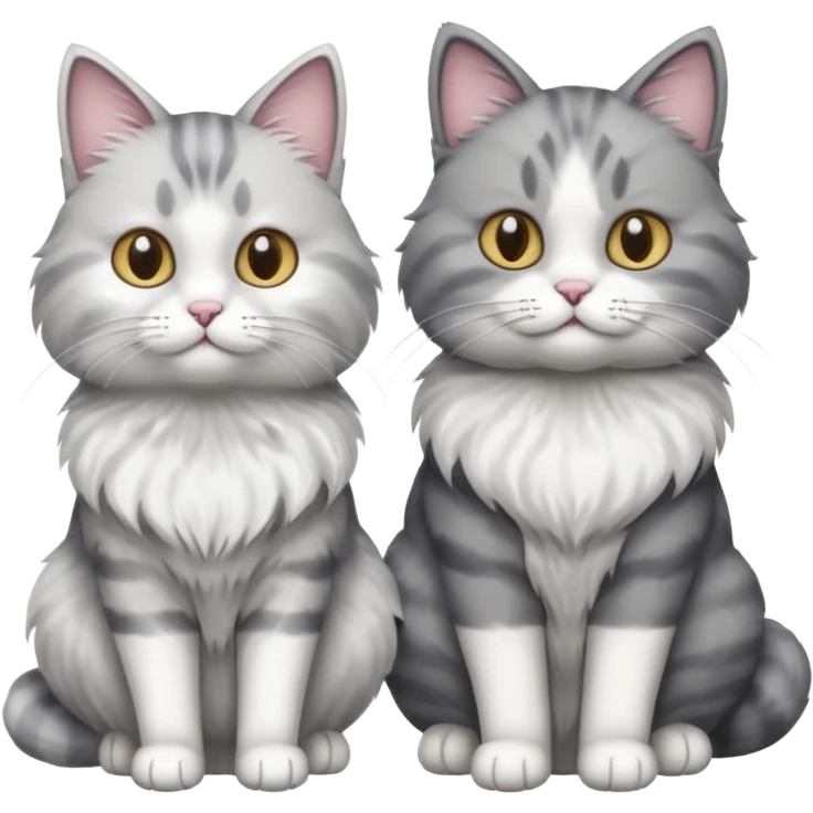 a realistic looking very fluffy grey and white cat sitting next to another cat emoji