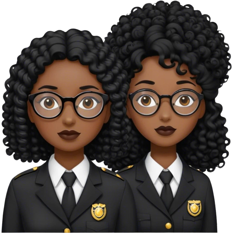 femme pilote d'avion en uniforme noir aux cheveux bouclés noir et petites lunettes arrondis identique avec des cheveux très long et la peau noir mais légèrement plus claire  emoji