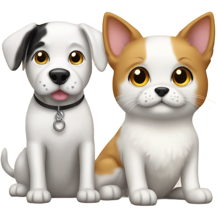 White dog and calico cat sitting next to emoji