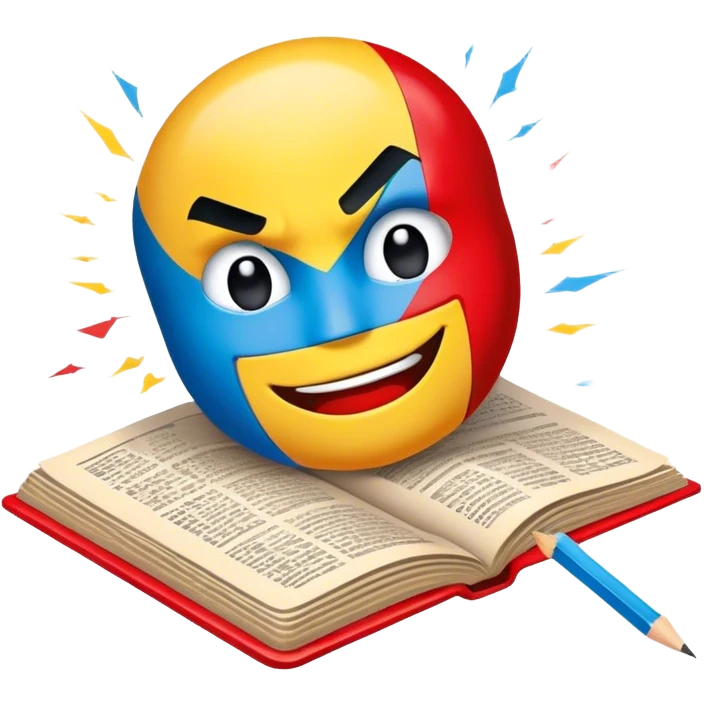 Create a vibrant emoji representing comic books and graphic novels. The design should feature a large, open comic book or vintage comic magazine with pages displaying classic comic art, with text. The comic pages should have bold, dynamic panels and action scenes. Include a pencil writing on the pages, but without a hand, to symbolize the artistic creation of comics. Use bright colors like red, blue, and yellow, with a retro feel to the design. Make the background transparent. emoji