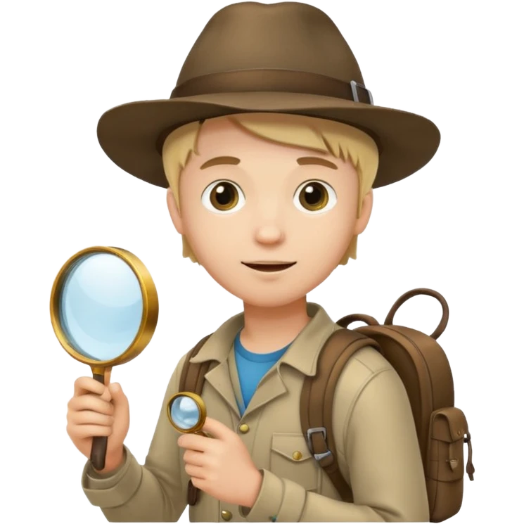 Explorer young man with hat and magnifying glass and backpack, portrait emoji