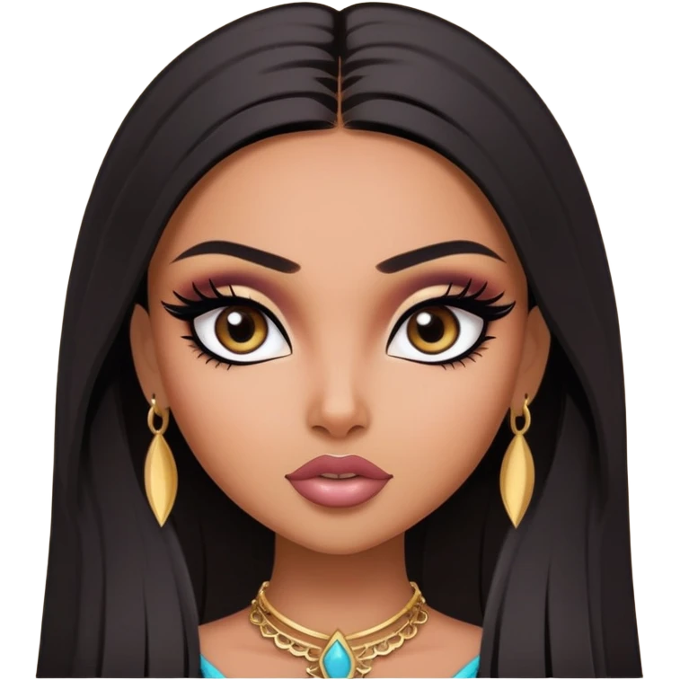 pretty bratz baddie, medium skin, dark long straight hair, arabian face, pretty eyeliner makeup emoji
