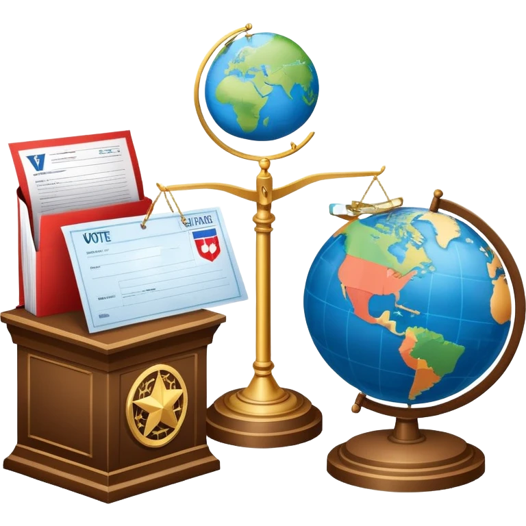 An icon featuring a podium with a speaker, a ballot box with a voting slip, and a globe, symbolizing political science. The design includes scales of justice and a world map in the background, representing governance and global politics. Transparent background highlights political analysis. emoji