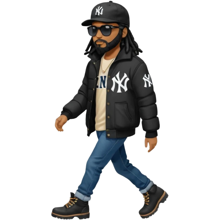 African American man with shoulder length black dreadlocks with black beard wearing black sunglasses wearing a black New York Yankees logo baseball cap wearing a black bubble winter coat with denim skinny jeans and timberland boots walking with hand out emoji