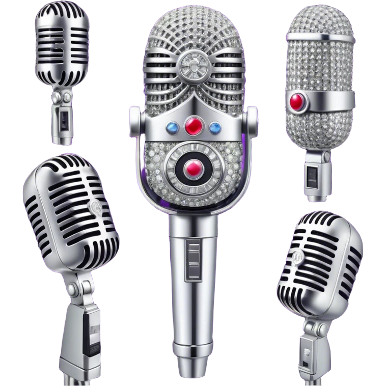 Create a glamorous and vibrant emoji representing stage vocal performance. The design should feature a humanless collage of classic vintage microphone, stage costume covered in rhinestones, sparkling brightly. The costume should be stylized, with glittering elements like sequins and sparkles, and reflect the glitzy, extravagant nature of show business. The microphone should have a sleek, retro look with chrome or metallic accents. Use rich, dazzling colors like gold, silver, deep purple, and bright red to evoke the glamorous, larger-than-life feel of a stage performance. The background should be transparent. emoji